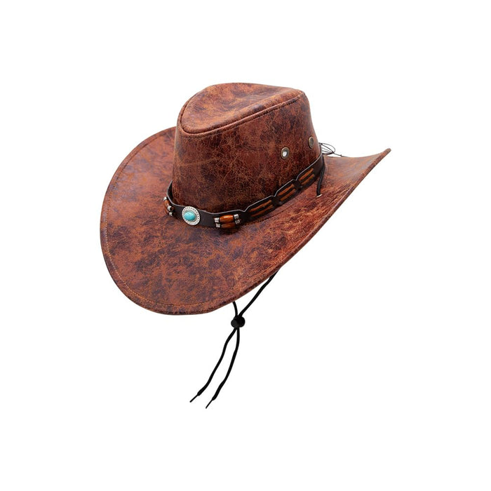 Brown leather cowboy hat with neck cord toggle