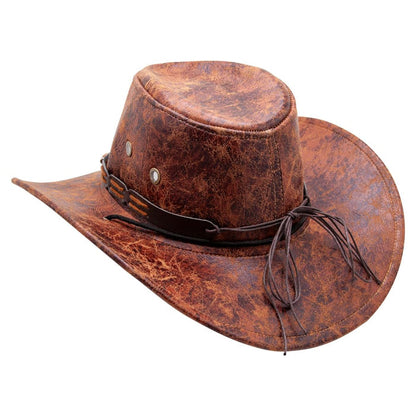 Back of a weather brown cowboy hat with leather ties