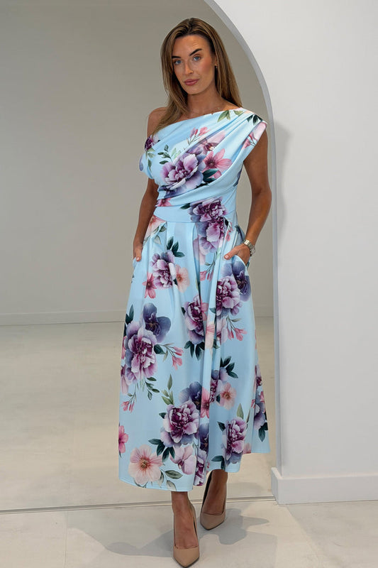 Betty Asymmetric Neckline Skater Midi Dress Blue Print