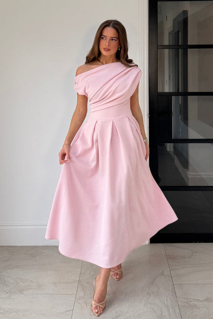 Betty Asymmetric Neckline Skater Midi Pink