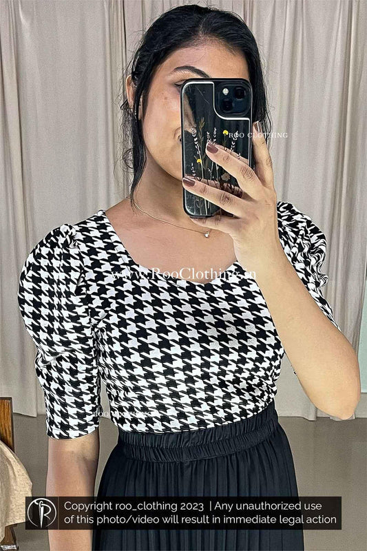 Black And White Checked Puff Sleeves Top