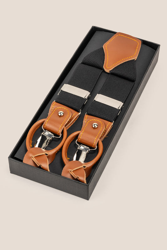 Men’s black combination braces with leather detailing and adjustable clips, ideal for wedding, business, or casual wear.