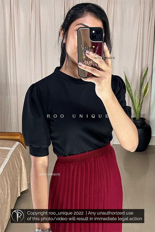 Black Crew Neck Puff Sleeves Top