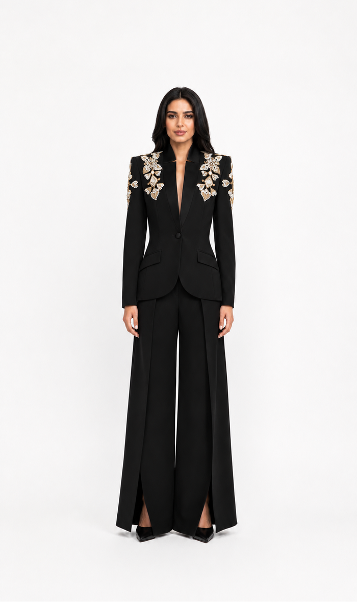 Black Embellished Tailored Blazer & Wide-Leg Pants Set – STELLA