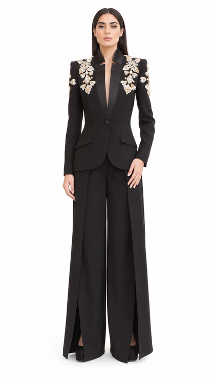 Black Embellished Tailored Blazer & Wide-Leg Pants Set – STELLA