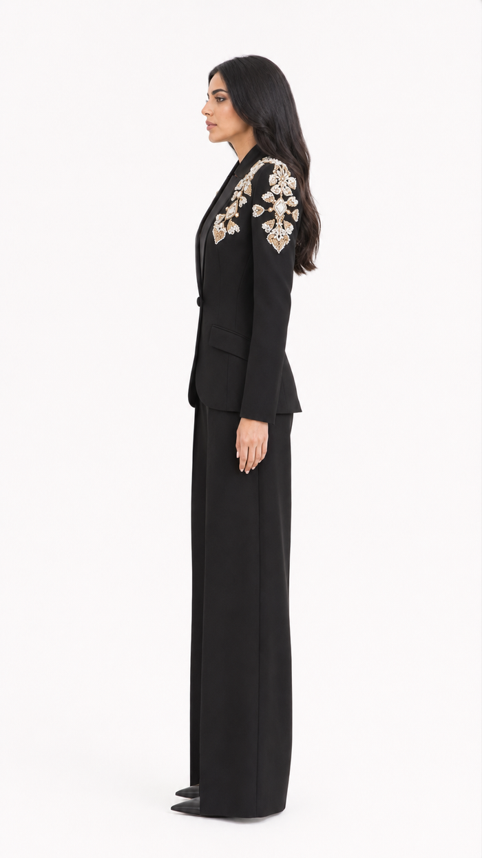 Black Embellished Tailored Blazer & Wide-Leg Pants Set – STELLA
