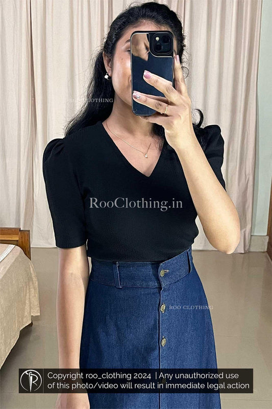 Black Shade V Neck Top With Puff Sleeves
