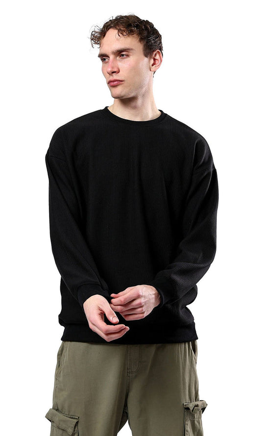 Black Textured Ribbed Oversized Crew-Neck Sweatshirt - O180391