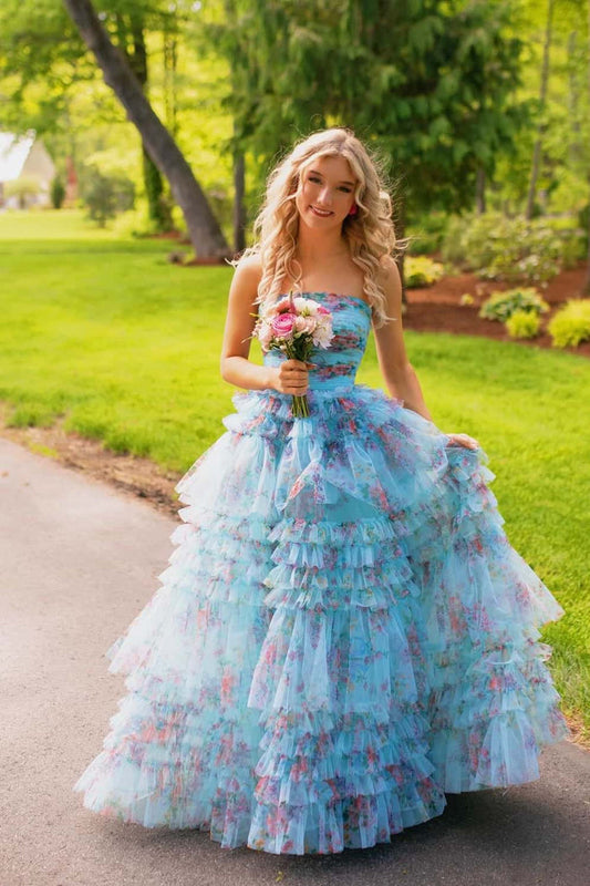 Blue Floral Strapless Tiered Formal Dress