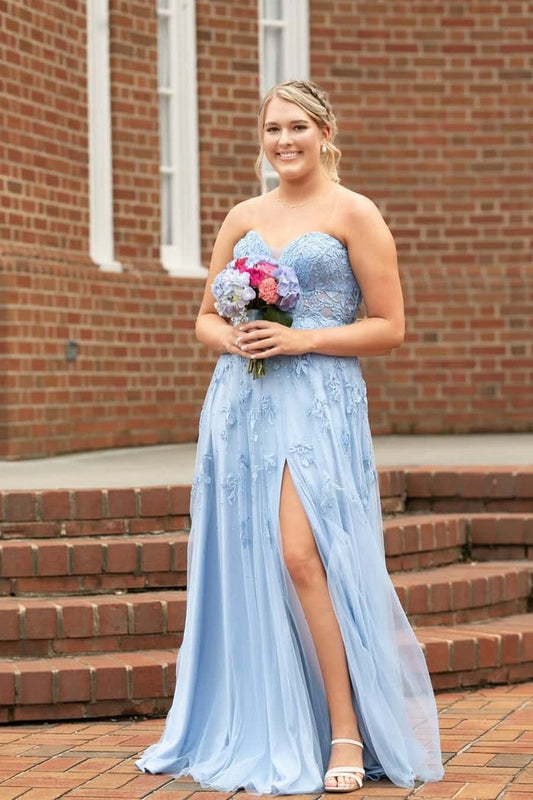 Blue Lace Appliques Tulle A-line Long Formal Dress