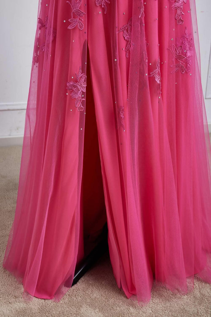 Blue Lace Appliques Tulle A-line Long Formal Dress