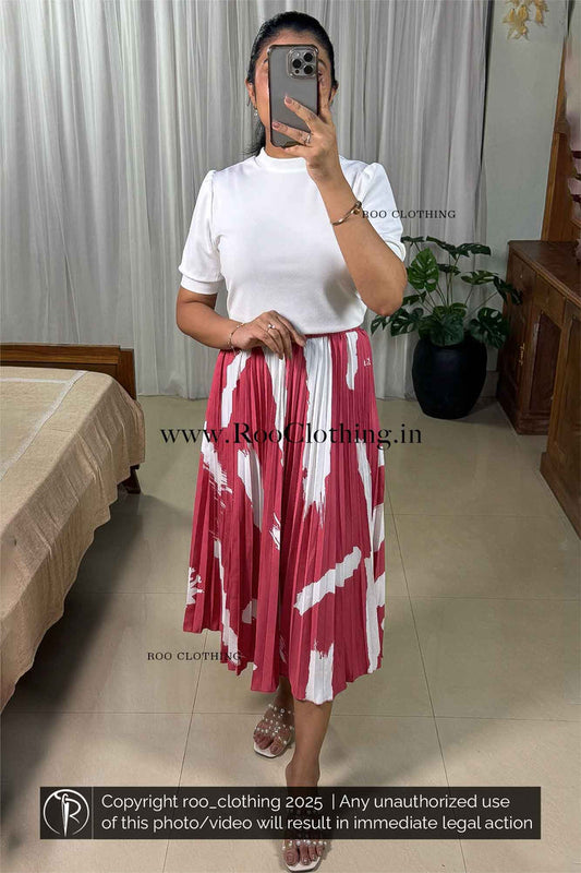 Bold Abstract White Print Pink Accordion Pleated Skirt