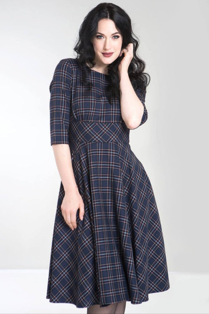 British Accent Dress in Navy Tartan