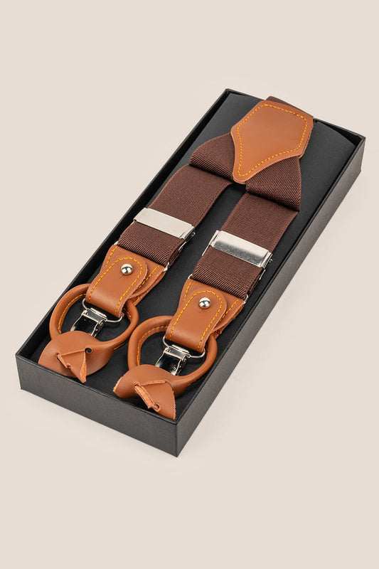 Men’s brown combination braces suspenders with leather accents and adjustable metal clips, ideal for weddings, business attire, or refined casual looks.