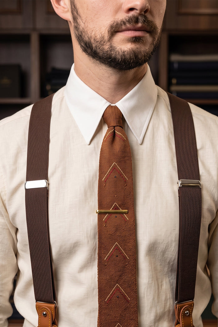 Men’s brown combination braces suspenders with leather accents and adjustable metal clips, ideal for weddings, business attire, or refined casual looks.