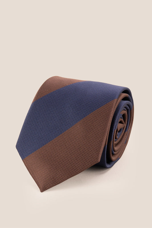 Brown Navy Stripes tie for men, designed to add a classic touch to any outfit. Featuring a stylish blend of brown and navy stripes