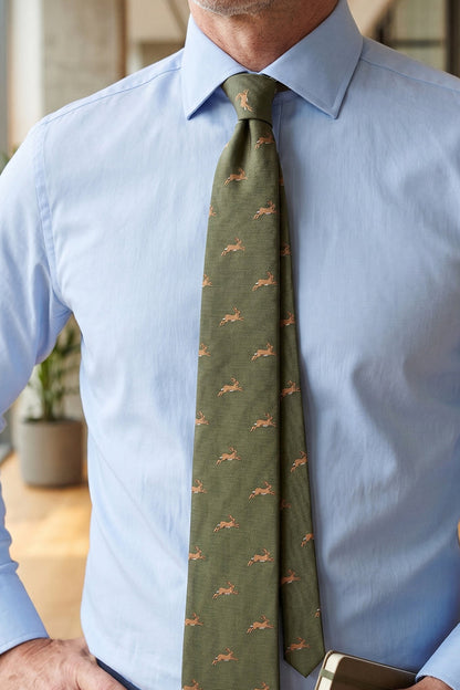 Buck Green tie with rabbit print, perfect for weddings, office events, and formal occasions.