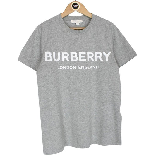 Burberry grey cotton pocket t-shirt with white logo print and short sleeves.