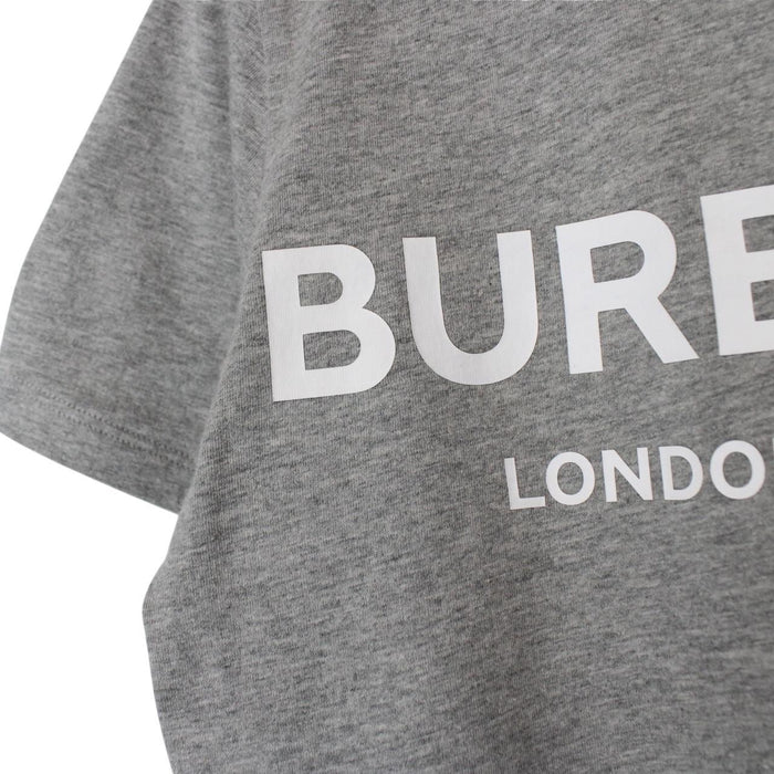 Burberry grey cotton pocket t-shirt with white logo print and short sleeves.