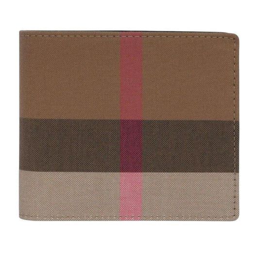 Burberry bifold wallet tan brown Nova Check pattern with logo detail.