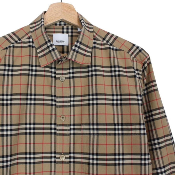 Burberry Tan Brown Nova Check Long Sleeve Poplin Cotton Shirt