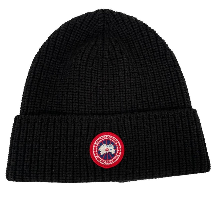 Canada Goose black beanie hat ribbed wool with embroidered logo detail.
