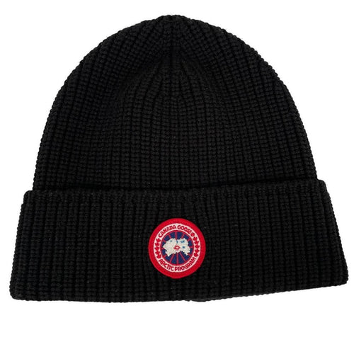 Canada Goose black beanie hat ribbed wool with embroidered logo detail.