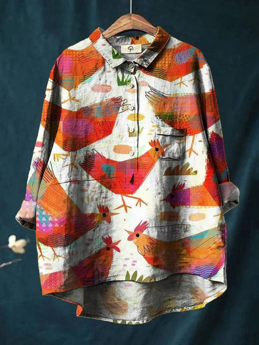 Cartoon Cute Line Hand Drawn Rooster Print Cotton Shirt