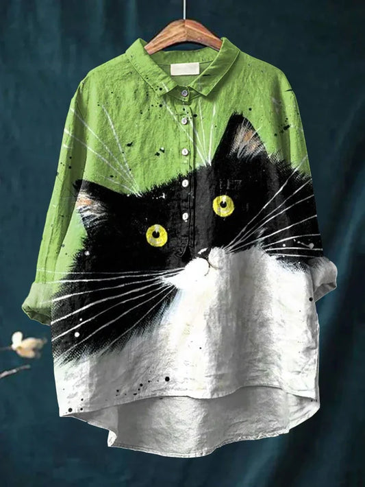Cat Art Printed Women's Casual Cotton Shirt