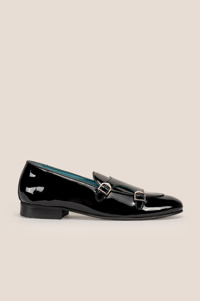 Clifford Black patent monk leather loafers for men featuring glossy patent leather and classic monk strap design for elegant formal occasions.