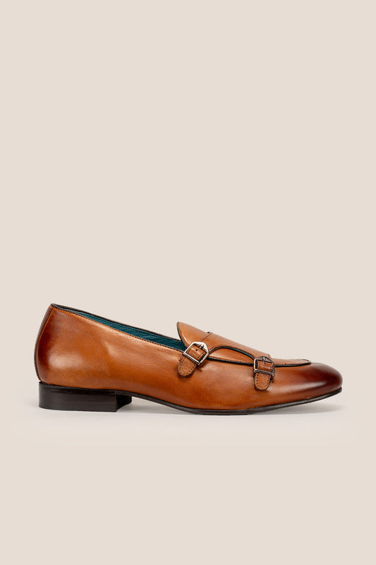 Clifford Tan monk leather loafers for men crafted with premium tan leather and classic monk strap design, ideal for formal and smart casual wear.