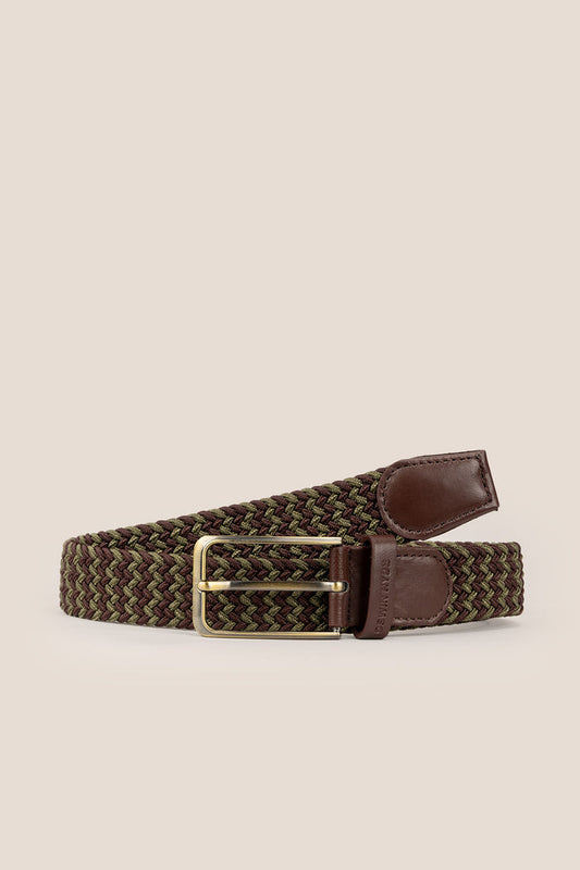 Clyde Brown Green Elastic Belt for men featuring elastic webbing and premium leather trim, ideal for stylish casual and formal wear.