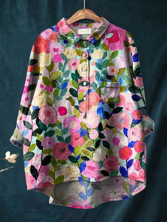 Colourful Spring Floral Garden Printed Women's Casual Cotton Shirt