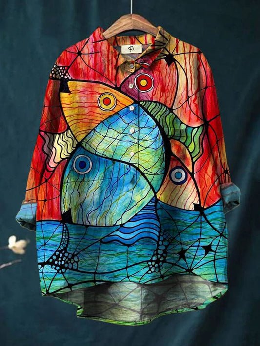 Colourful Watercolor Fish Print Cotton Shirt