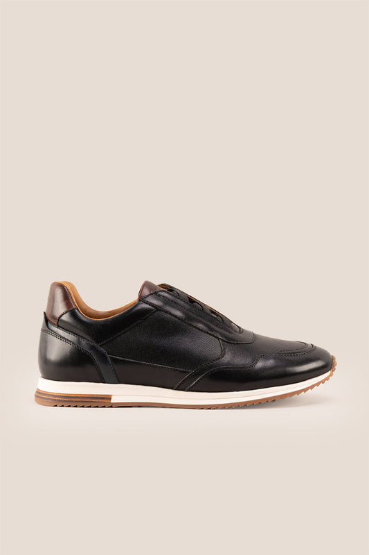 Colt black men's leather sneakers with elastic detailing for a secure, comfortable fit and sleek, modern style