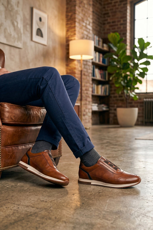 Model wearing Colt tan men’s leather sneakers with elastic detailing for a secure, comfortable fit and modern casual style