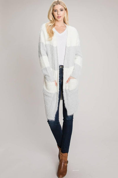 Cozy Eyelash Color block Open Cardigan - BTK COLLECTIONS