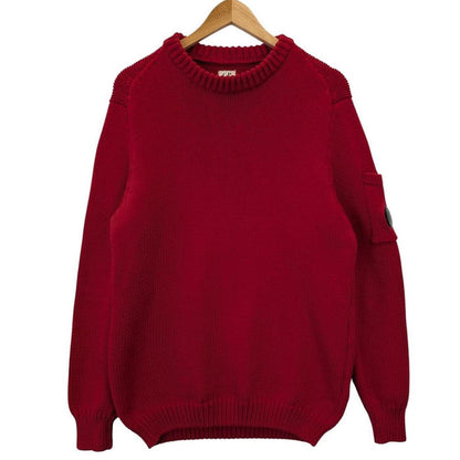 CP Company Red Ribbed Cotton Knit Fisherman Style Lens Jumper