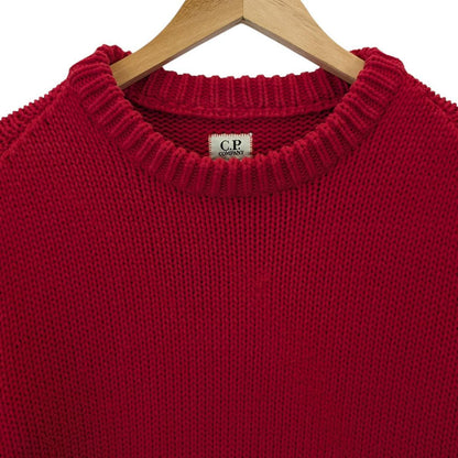 CP Company Red Ribbed Cotton Knit Fisherman Style Lens Jumper