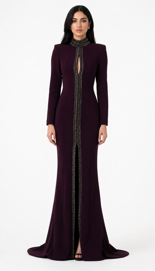 Crystal Trim Keyhole Mermaid Maxi Dress - Bordeaux