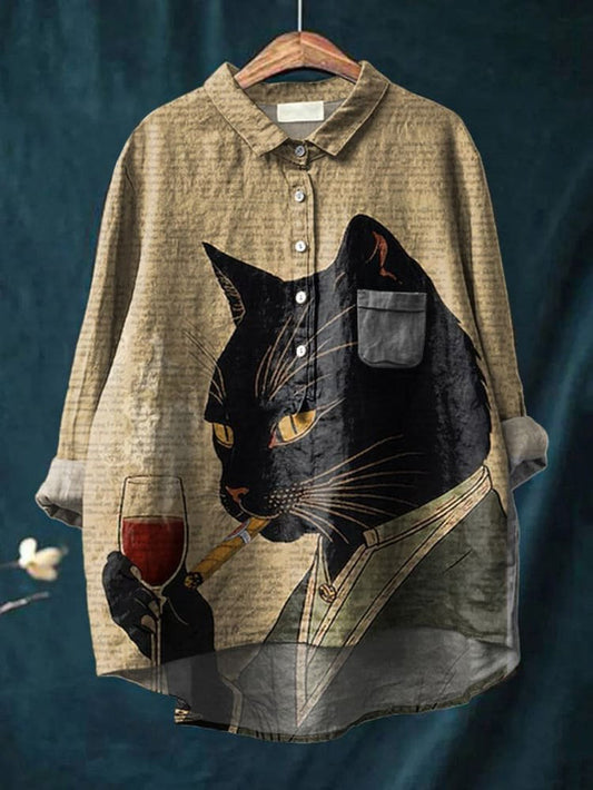 Cute Animal Cats Smoke And Drink Red Wine Vintage Art Print Casual Cotton Shirt