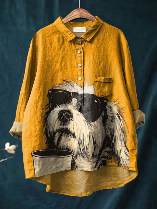 Cute Animal Sunglasses Coffee Dog Art Animal Vintage Print Casual Cotton Shirt