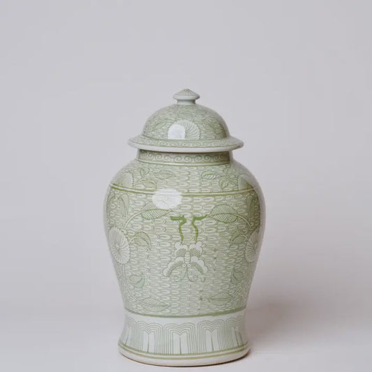 Deco Peony Green and White Porcelain Temple Jar