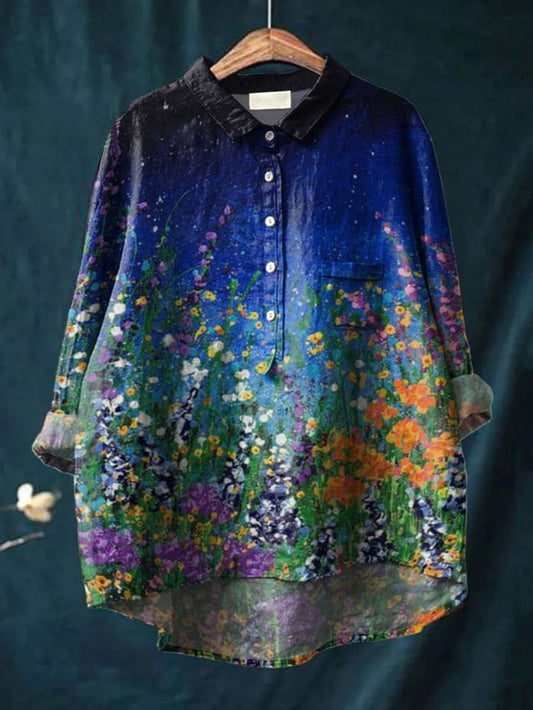 Decorative Pattern of Flower Field Under Night Sky Casual Cotton Shirt