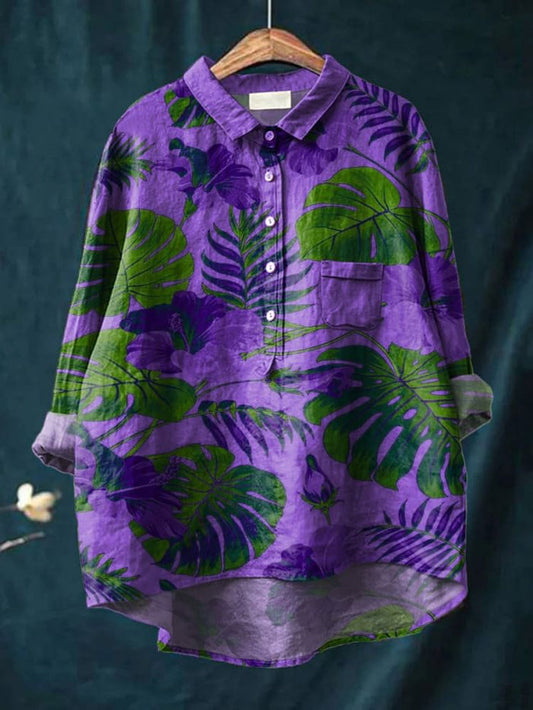 Decorative Pattern of Large Leaves On Purple Background Casual Cotton Shirt