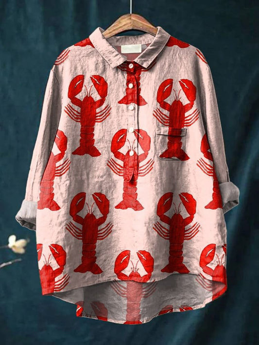 Decorative Pattern of Red Lobsters Arranged On Pink Background Casual Cotton Shirt