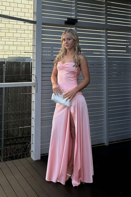 Double Straps Peach Ruched Long Dress with Slit