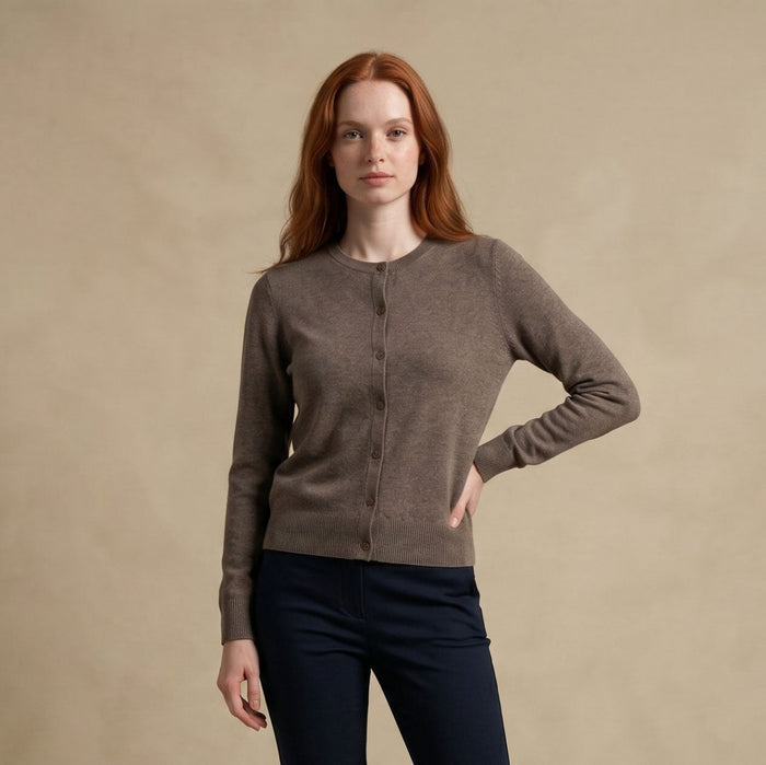 Dunedin Cashmere Woman's 100% Cashmere C Neck Cardigan - Vaper Mid Brown - Heritage Of Scotland - XS