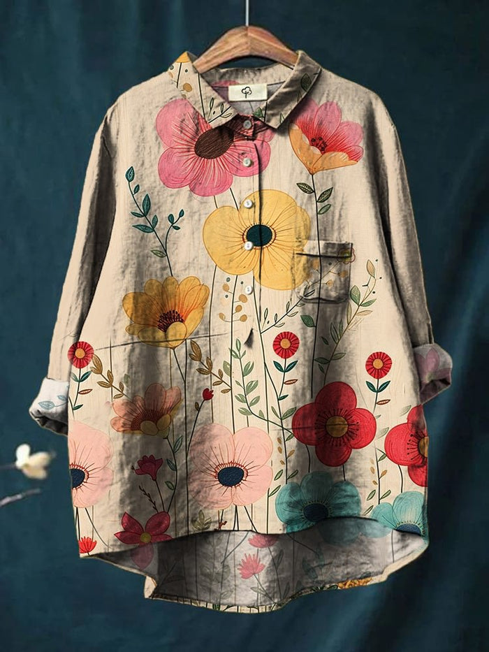 Elegant And Casual Plants And Flowers Print Cotton Shirt
