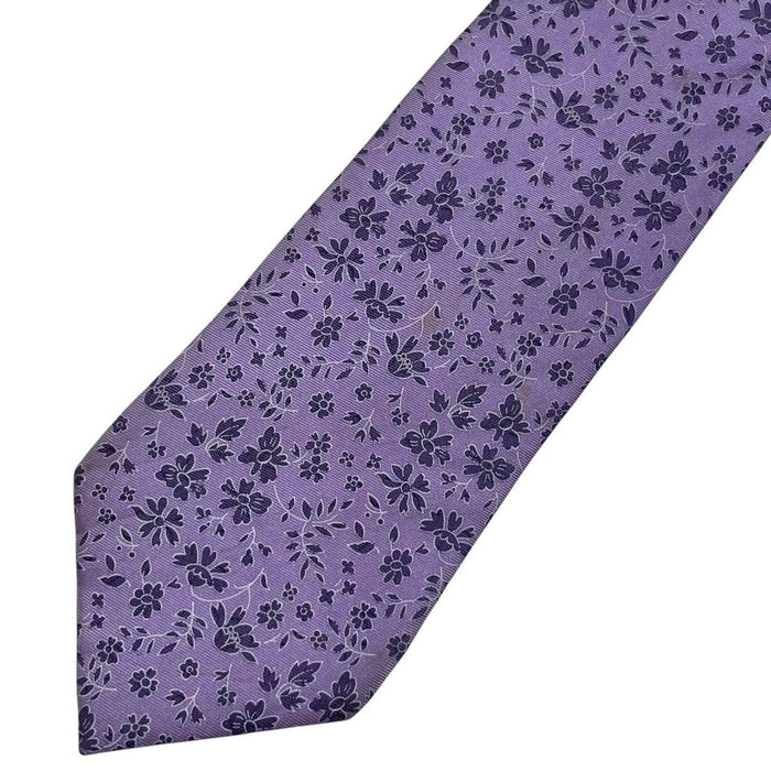 Ermenegildo Zegna purple silk tie with floral pattern and logo detail.